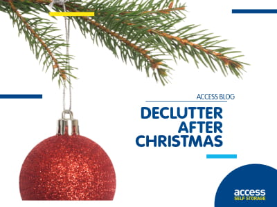 "Declutter after Christmas" text, with a festive bauble and tree branch.