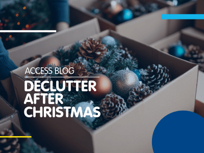 "Declutter after Christmas" text, with a festive bauble and tree branch.