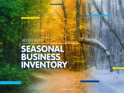 Woodland transitioning from spring, autumn and winter. Big bold writing: Seasonal Business Inventory